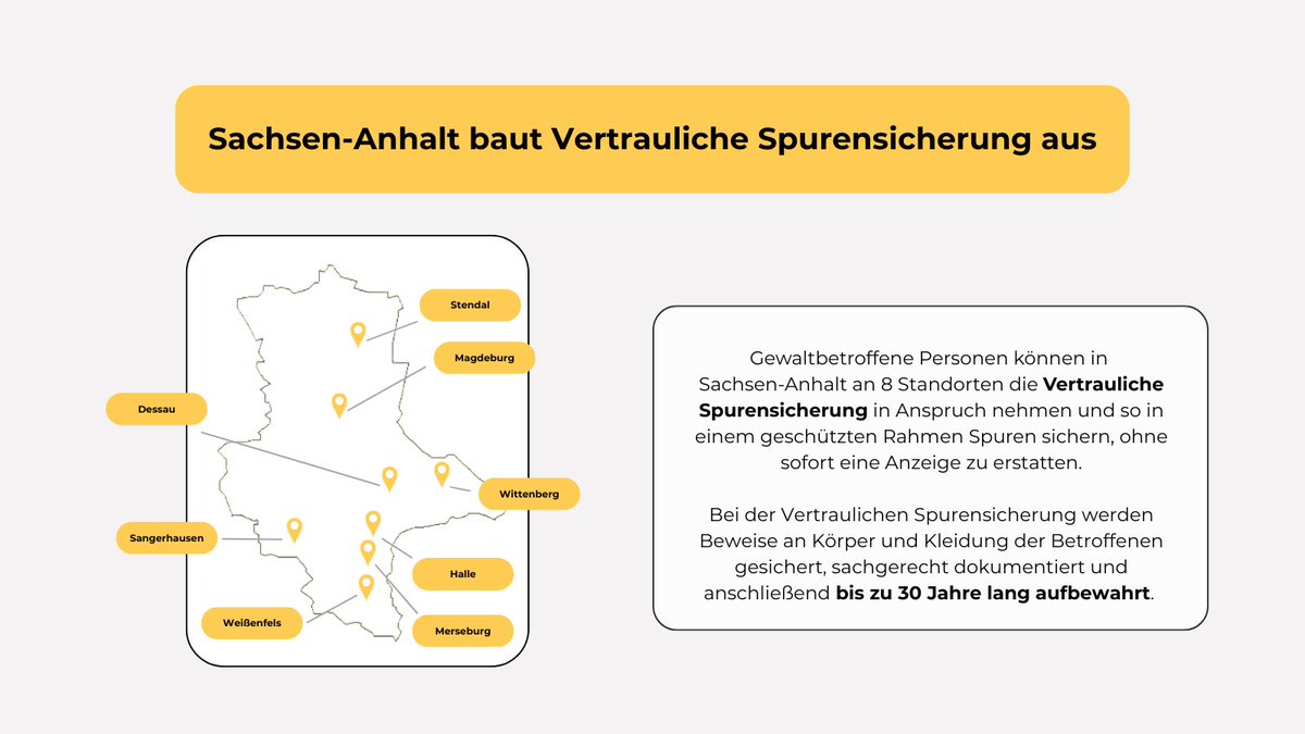 #SachsenAnhalt baut die Vertrauliche Spurensicherung aus: An 8 Standorten können gewaltbetroffene Personen in einem geschützten Rahmen Spuren sichern, ohne sofort eine Anzeige zu erstatten. Alle weiteren Informationen unter lsaurl.de/8hchua.
