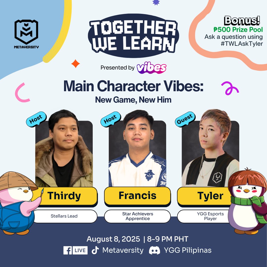 Every main character enters a new arc and for <a href="/tyler_YGG/">tyler_YGG</a>, this is it.

From high-stakes TCG matches to casually learning <a href="/vibes_tcg/">Vibes (Pudgy TCG)</a>, he's stepping into a new lore, building his deck, and getting ready to face the spotlight.

🗓 August 8, 2025 | 8–9 PM PHT
📍 Live on Facebook,