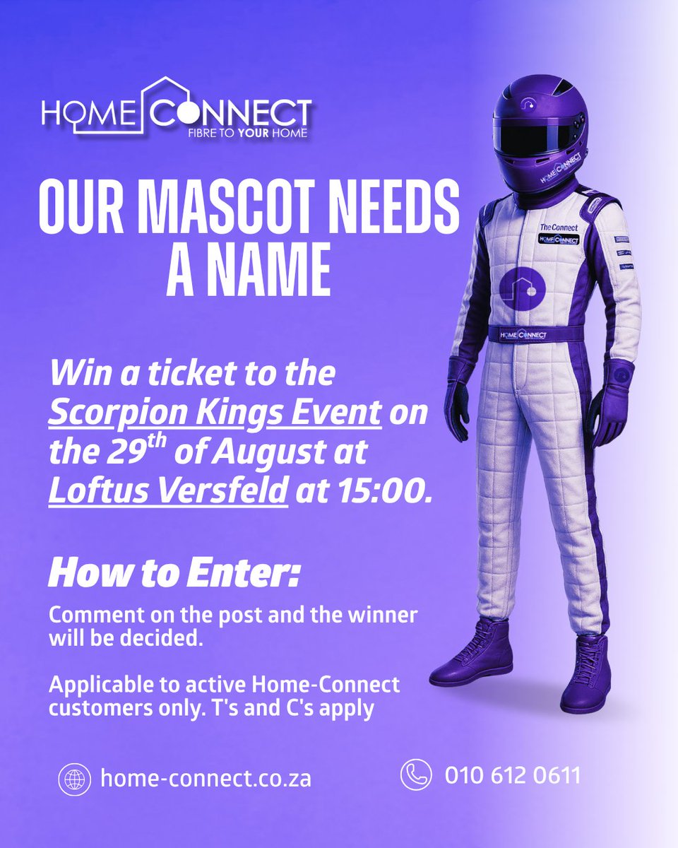 As we welcome a brand-new Home-Connect mascot, we need YOUR help to give it a name 💜
How to Enter:
• Give our mascot a name
• Share a short background story.
• Submit under our  mascot post with a comment.
• Tickets will be applicable to active Home Connect customers.