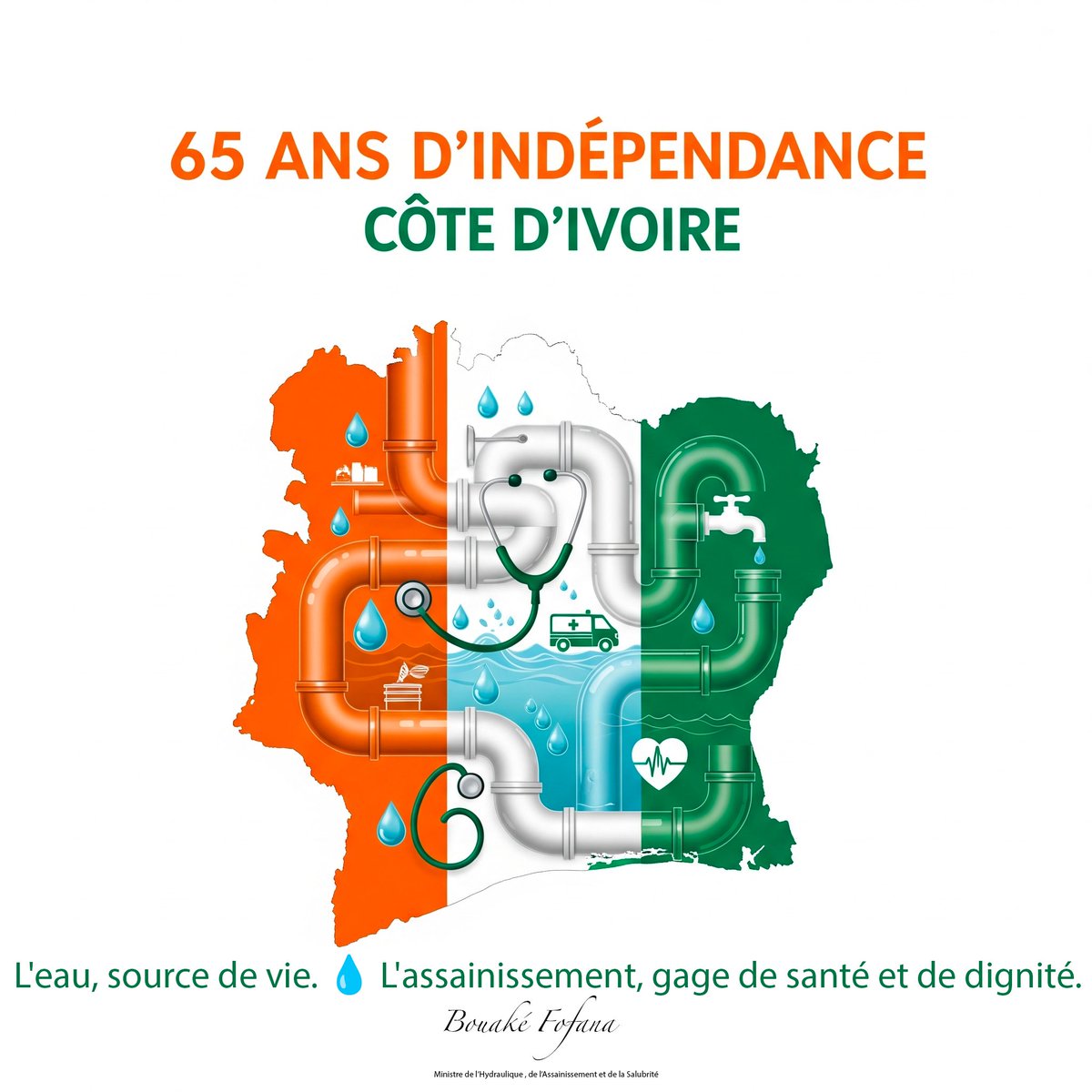 L'eau, source de vie. 💧 L'assainissement, gage de santé et de dignité. ✨

En ce jour de célébration de notre indépendance, réaffirmons notre engagement à garantir ces droits fondamentaux pour chaque Ivoirien.

Bonne fête de l'indépendance ! 🇨🇮
Bouake FOFANA
