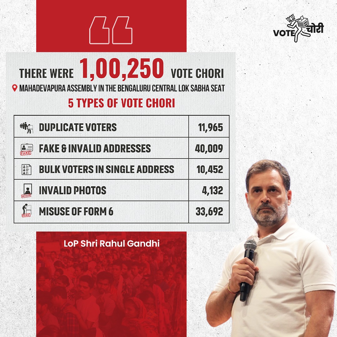 We investigated the Mahadevapura Assembly constituency in the Bengaluru Central Lok Sabha seat, where 1,00,250 votes were stolen.