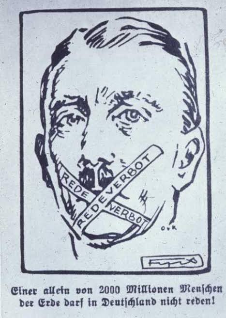 O ano é 1928. Defensores de Adolph Hitler também usavam esparadrapo na boca em defesa de seu líder, como mostra a charge de Philipp Rupprecht. O Führer se dizia censurado. Tudo é História.