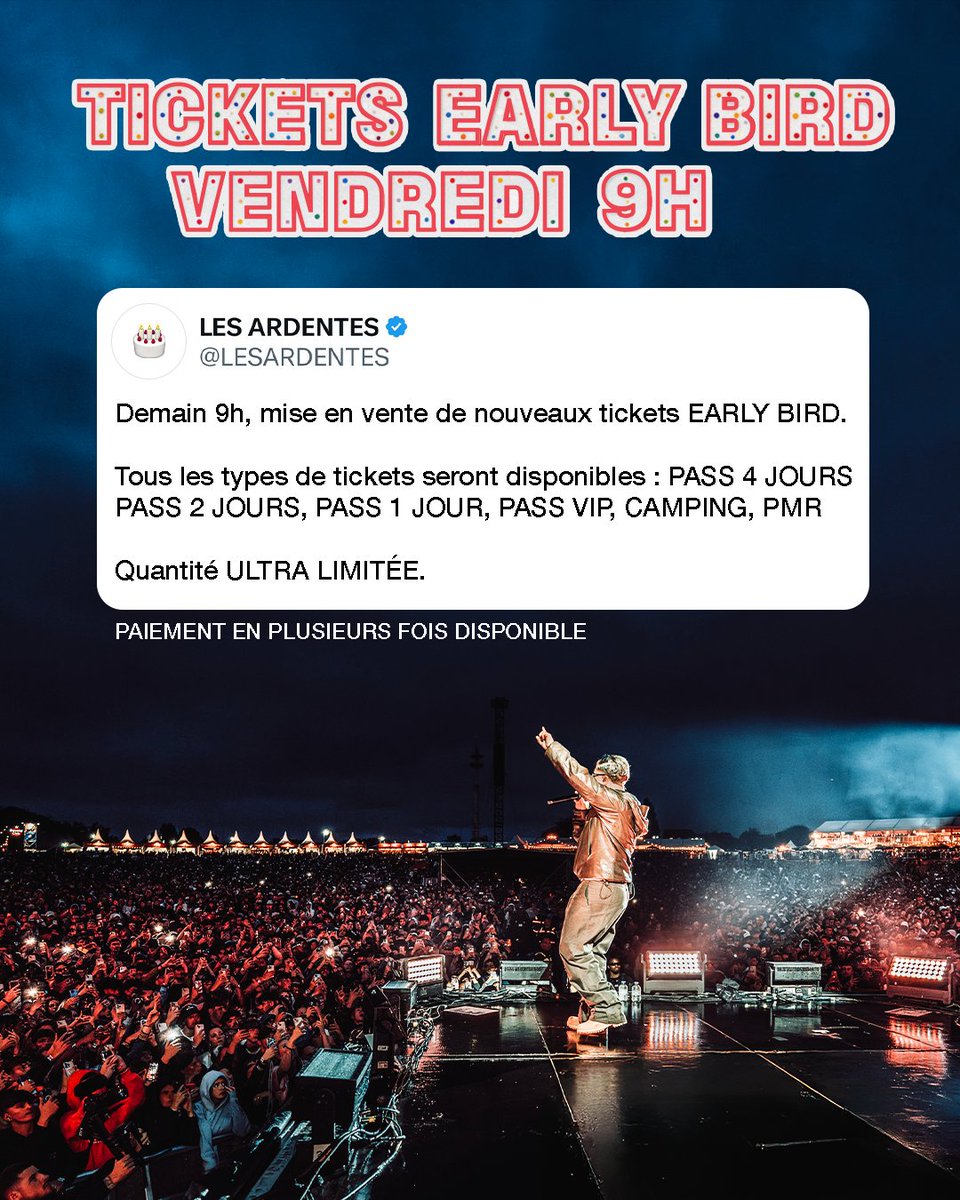 Vous avez braqué la billetterie hier, demain 9h on remet exceptionnellement en vente des tickets au tarif EARLY BIRD 🎟️
Tous les types de tickets seront dispos : PASS 4 JOURS, PASS 2 JOURS, PASS 1 JOUR, PASS VIP, CAMPING, PMR.
Paiement en plusieurs fois dispos 💸Rdv sur