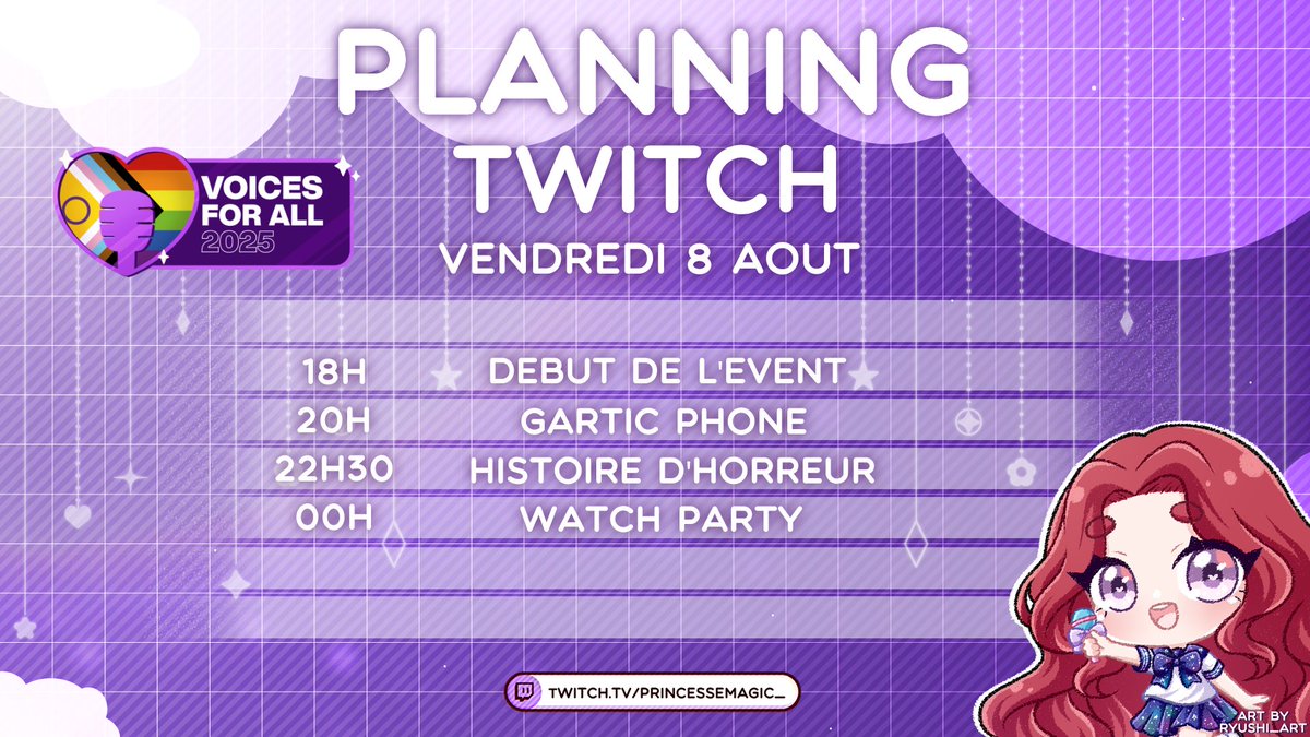 ✨Princessemagic 👀 HaatoNoKoe✨ (@princessemagic) on Twitter photo LE VFA, ça commence demain !! ✨
Voici mon planning du vendredi :
Début de l'event à 18H sur la chaîne de <a href="/molly_draw/">𝐦𝐨𝐥𝐥𝐲 🍑✨ VOICES FOR ALL 2025</a> , puis à 18H30, on continue sur ma chaîne !
Gartic Phone à 20H
Puis à 22H30, un event horreur organisé par <a href="/Capitaine_Ormos/">Alexis «Ormos» Fonte</a> 👻
Et on finira sur une watch party🏳️🌈 LE VFA, ça commence demain !! ✨
Voici mon planning du vendredi :
Début de l'event à 18H sur la chaîne de <a href="/molly_draw/">𝐦𝐨𝐥𝐥𝐲 🍑✨ VOICES FOR ALL 2025</a> , puis à 18H30, on continue sur ma chaîne !
Gartic Phone à 20H
Puis à 22H30, un event horreur organisé par <a href="/Capitaine_Ormos/">Alexis «Ormos» Fonte</a> 👻
Et on finira sur une watch party🏳️🌈