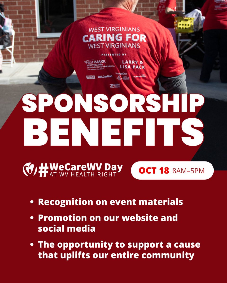 Calling all community champions! Sponsor #WeCareWV Day on Oct. 18 so we can reach as many people as possible!

Learn more: bit.ly/3U8bJhy