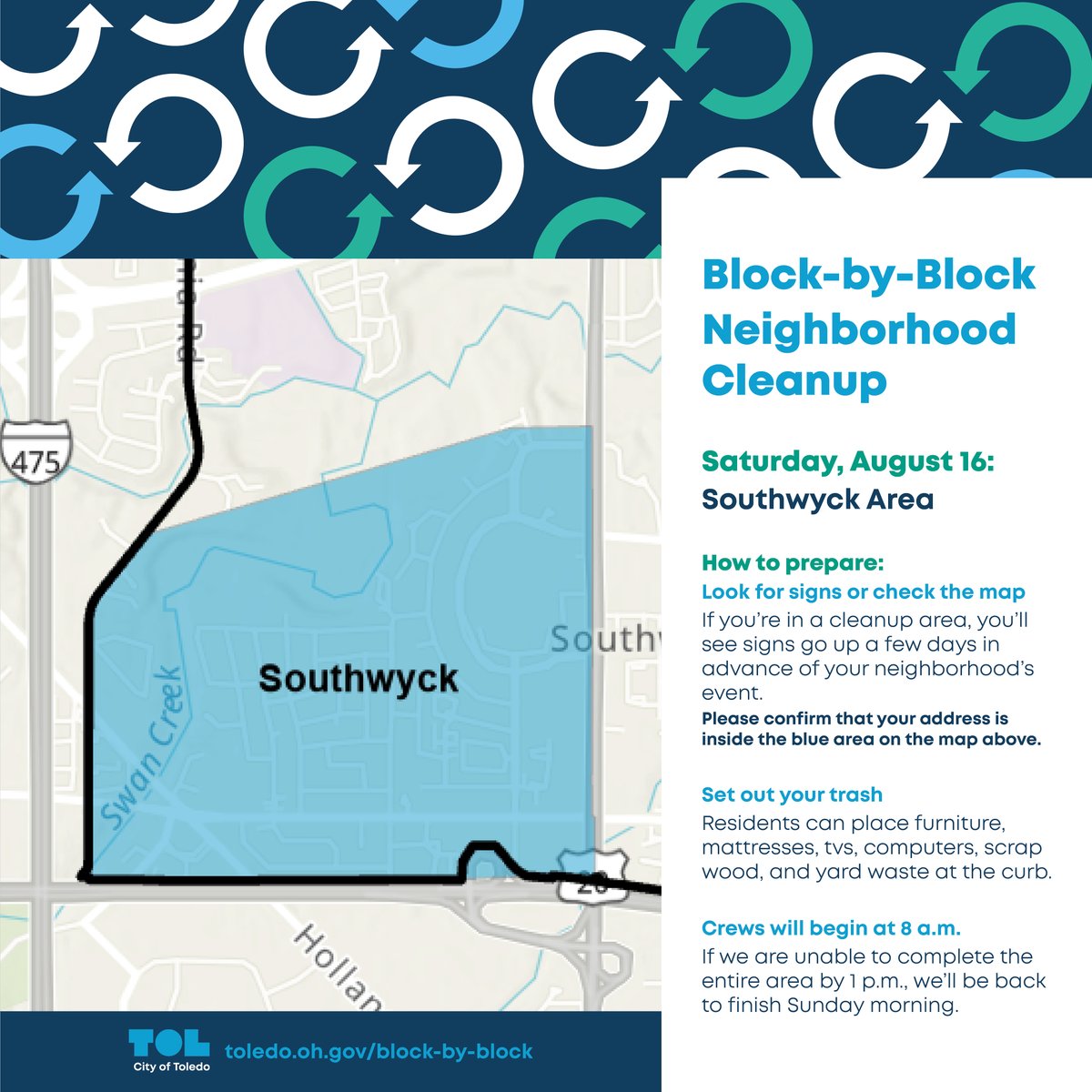 To help fight blight, the City of Toledo’s Urban Beautification team will be collecting bulk trash from the curbs in the Southwyck area on Saturday, August 16th—at no cost to residents.

Check the map and make sure your address falls inside the boundary: ow.ly/YH9r50WzwFU