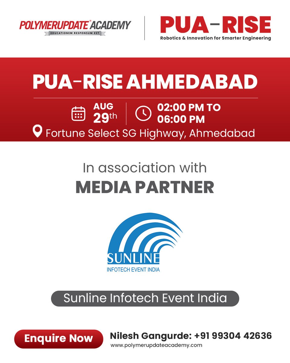 PolymerupdateA's tweet image. 📢 Sunline Infotech Event India joins #PUARise2025 as Media Partner!

Catch expert insights on robotics, sustainability &amp;amp; MSME growth.

🗓️ Aug 29 | 🕒 2–6 PM | 📍 Ahmedabad

🔗 Register: polymerupdateacademy.com/home/enquire-n…

#PolymerupdateAcademy #TechForMSMEs