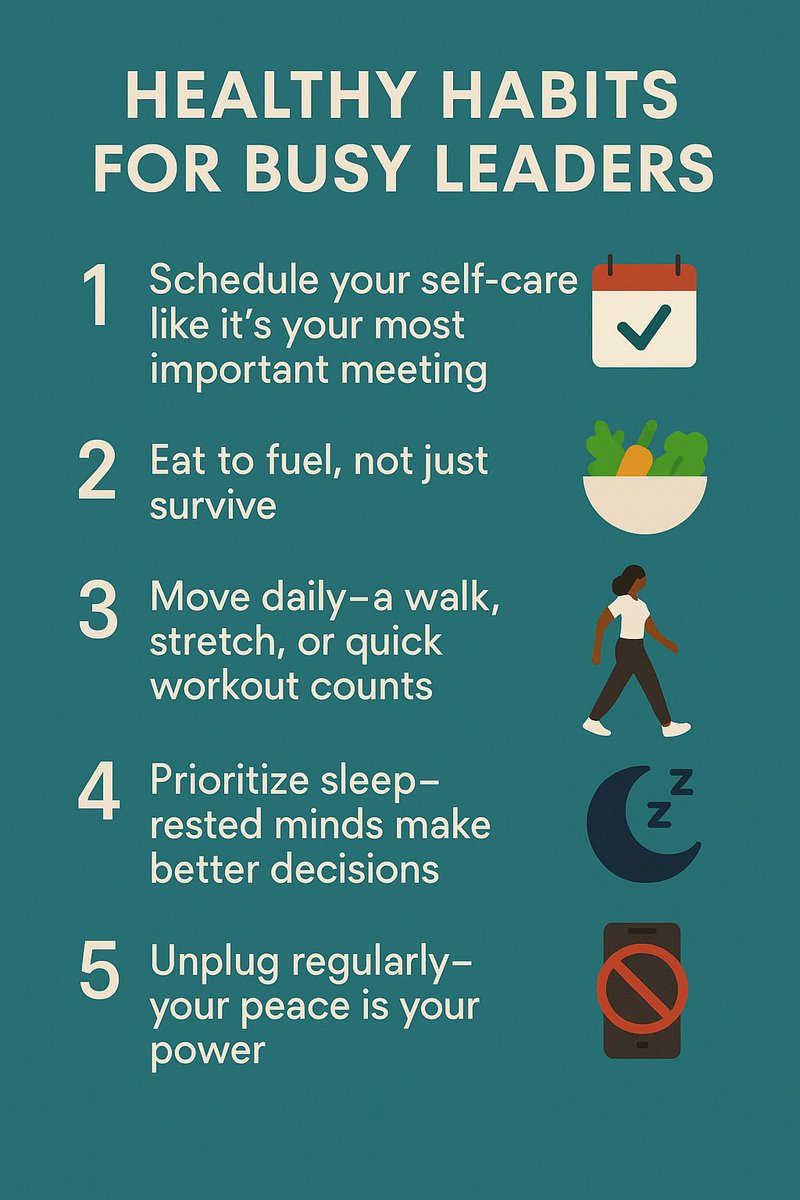 Busy leaders—your health matters too. 🧠💪

Here are 5 ways to stay healthy while leading at full speed:
1.Schedule workouts like meetings
2.Fuel with purpose (not just caffeine)
3.Move every day—even 20 mins
4.Protect your sleep
5.Unplug to recharge

A healthy leader is a