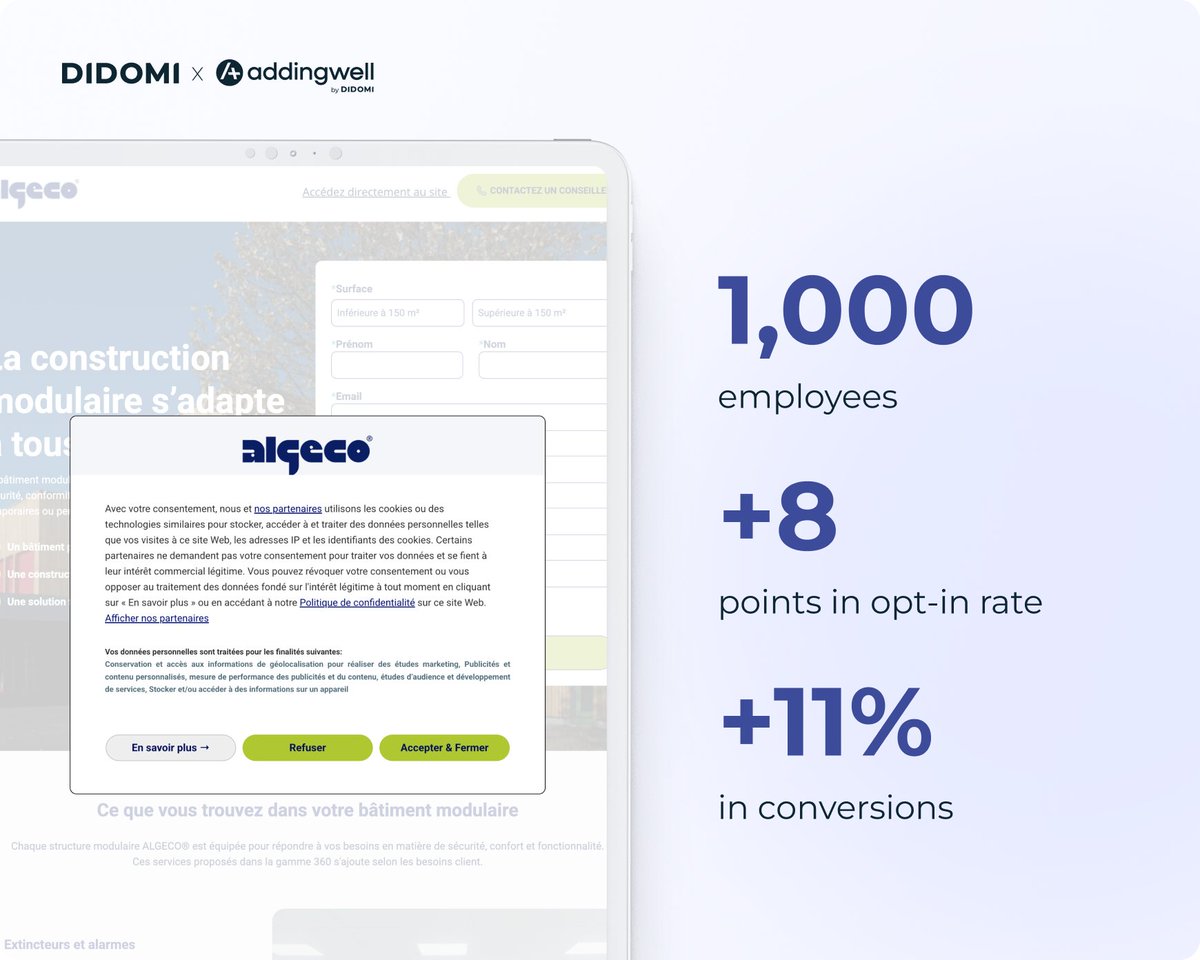 How Algeco France #increased its opt-in rate from 56% to 64% 💡

In our #clientstory, Marie Alix Roussotte from Algeco and Pierre Gosset from Dékuple share their experience with Didomi and Addingwell by Didomi #solutions and the results they achieved.

👉 didomi.io/blog/algeco-de…