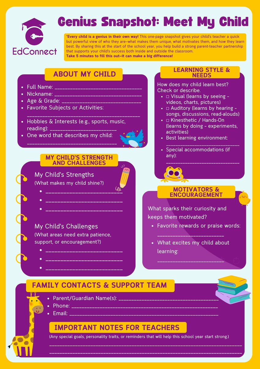 👋 Want to build a strong connection with your child’s teacher from Day 1? Start with the Genius Snapshot!  📥 Download your copy today: edconnectnow.org/resources 
💬 How do you build trust with your child’s teacher? Let us know in the comments! 
#FamilyEngagement #ParentVoice