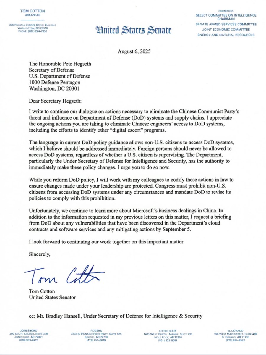 Tom Cotton (@sentomcotton) on Twitter photo Under <a href="/SecDef/">Secretary of Defense Pete Hegseth</a>’s predecessors, companies like Microsoft were allowed to cut corners and use non-US citizens to maintain DoD computer systems.
This dangerous policy should be reversed. No foreigner should have access to such sensitive information. Under <a href="/SecDef/">Secretary of Defense Pete Hegseth</a>’s predecessors, companies like Microsoft were allowed to cut corners and use non-US citizens to maintain DoD computer systems.
This dangerous policy should be reversed. No foreigner should have access to such sensitive information.