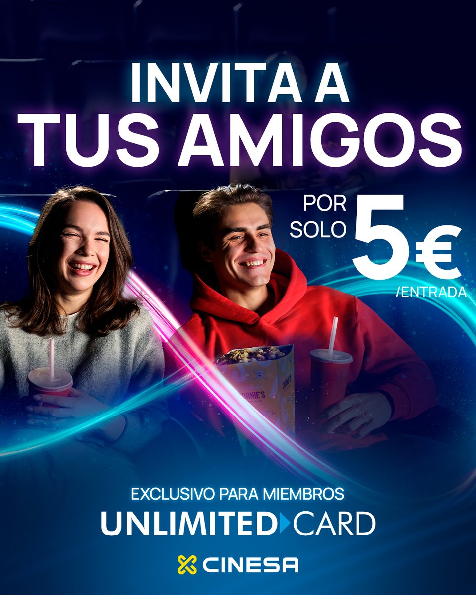 Si eres miembro Unlimited Card, ¡tenemos una sorpresa para ti! 🤩
Puedes invitar a tus amigos a #Cinesa por solo 5€ la entrada.
👉 Revisa tu mail y descubre cómo aprovechar esta promo 😉

🗓Válido hasta el 4 de septiembre.