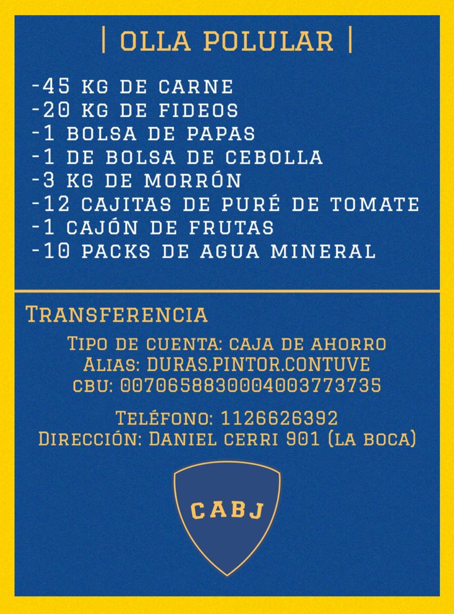 Hola. Esto es lo que necesitamos para la olla de esta semana. También estamos juntando donaciones para el día de las infancias. Como siempre, todo sirve, todo suma, todo ayuda. Muchas gracias.