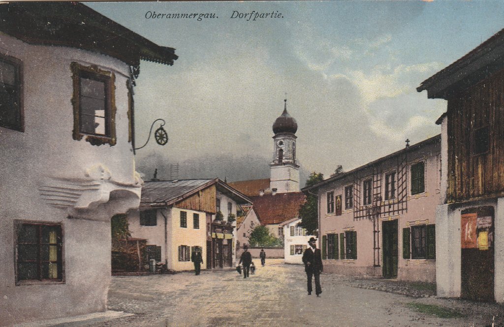 Oberammergau in Bavaria. Postcard dated 1930. 'We have seen the Passion Play, it was great. We sat 3 rows bang in front of Ramsay Macdonald. He was clapped.'