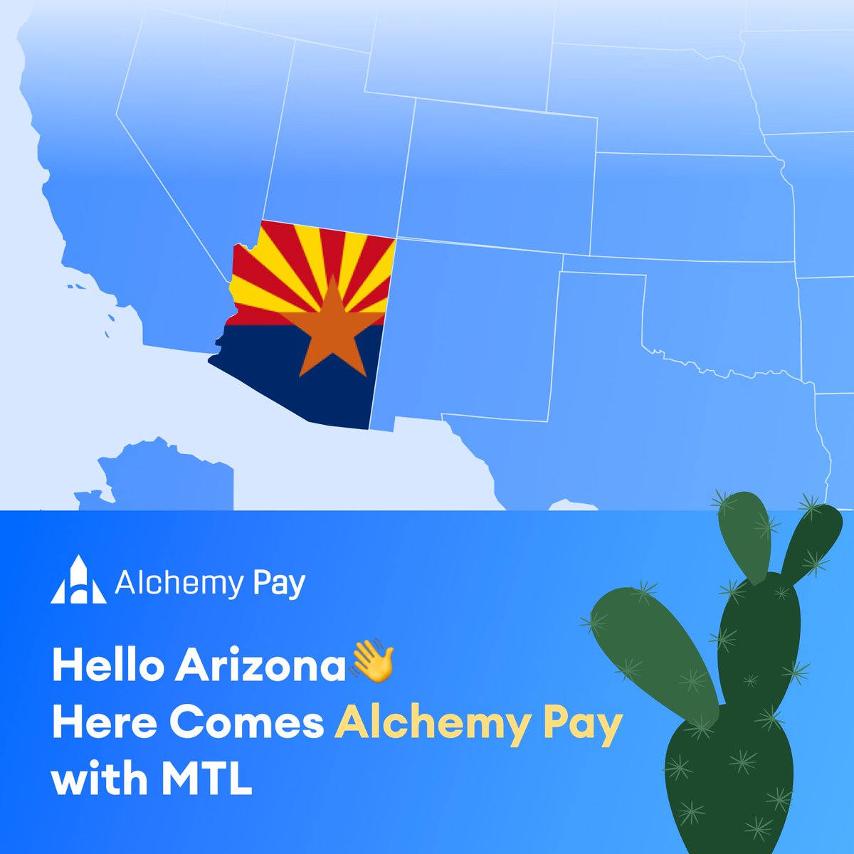 AlchemyPay's tweet photo. Yeehaw! #AlchemyPay just rolled into Arizona with a shiny new MTL in our holster🤠🌵☀💸

That’s 10 states down, and we ain’t stoppin’ till the whole map’s lit up!

Secure, regulated crypto payments are coming to a town near you 🐎

$ACH https://t.co/7LJtLdnbj4