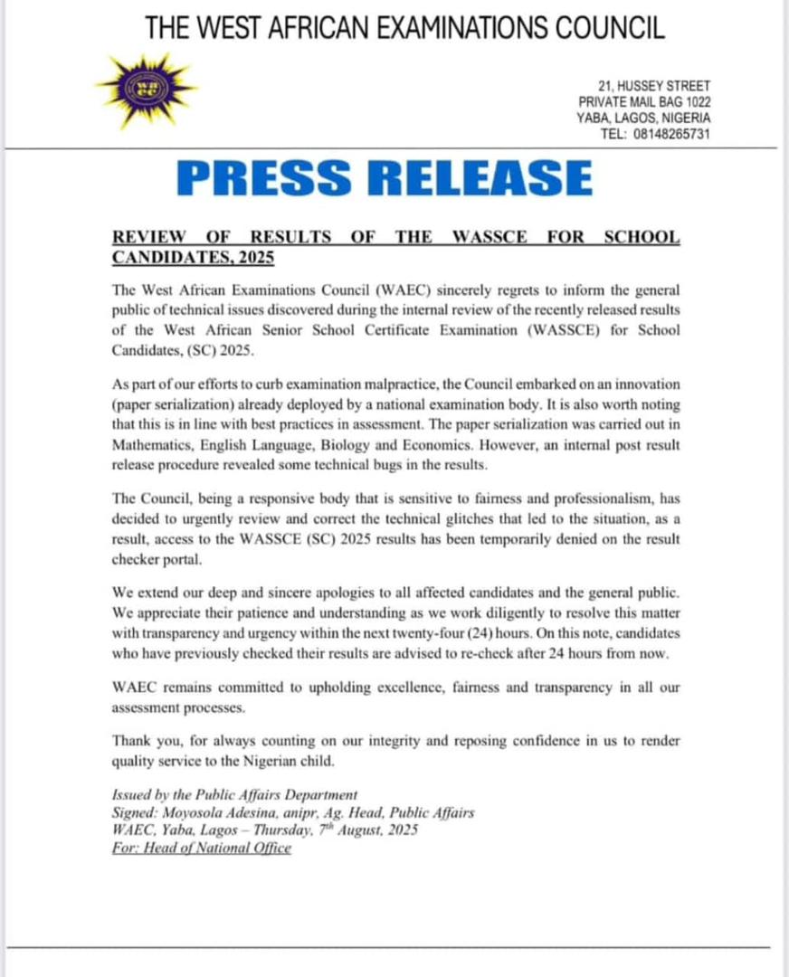 DAMMYSTV's tweet image. #WAEC BEGINS REVIEW OF THE JUST RELEASED 2025 WASSCE RESULTS

Candidates who&apos;s previously accessed their results are advised to recheck in the next 24 hours