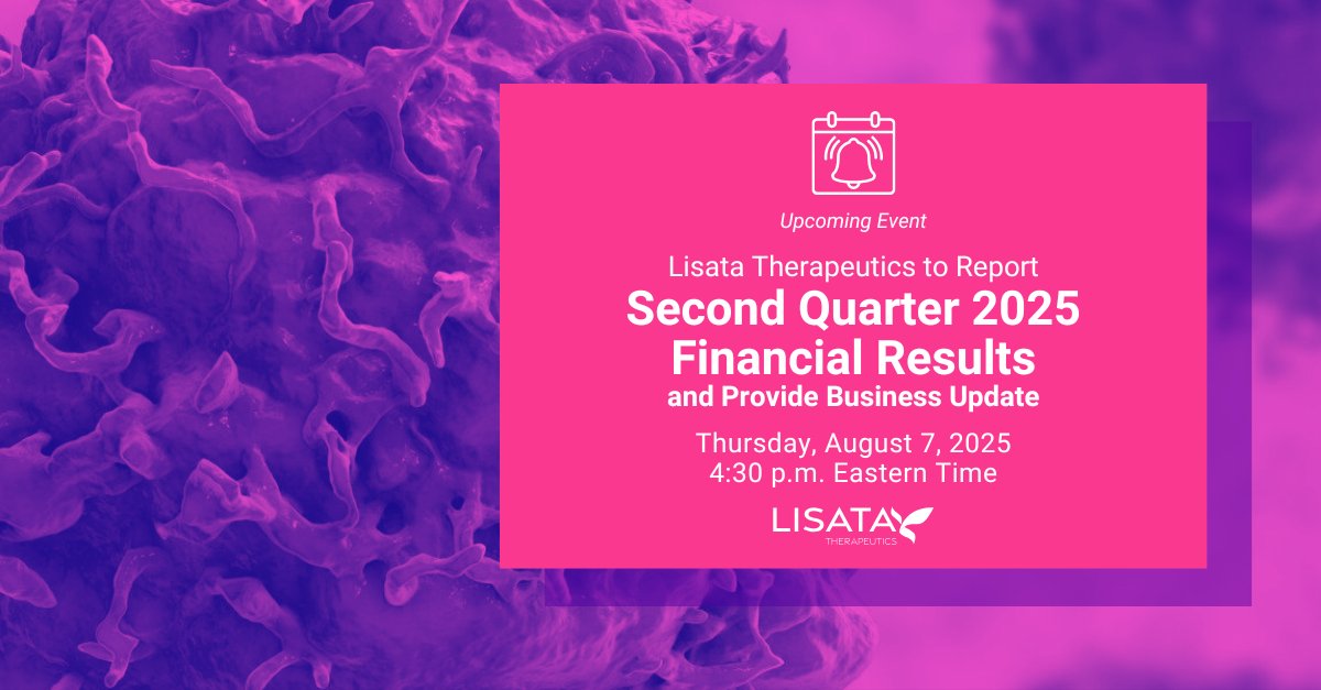 Lisata Therapeutics, Inc. (@lisata_tx) on Twitter photo Join us today for our Second Quarter 2025 Financial Results and Business Update Conference Call at 4:30 p.m. ET.   
 
To participate on the call, please register here: register-conf.media-server.com/register/BI554…  
 
Tune in to the webcast here: edge.media-server.com/mmc/p/5ranib5w/ Join us today for our Second Quarter 2025 Financial Results and Business Update Conference Call at 4:30 p.m. ET.   
 
To participate on the call, please register here: register-conf.media-server.com/register/BI554…  
 
Tune in to the webcast here: edge.media-server.com/mmc/p/5ranib5w/