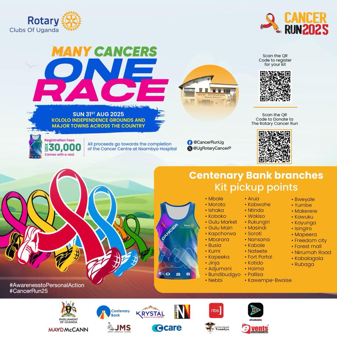 Register for the Rotary cancer run 2025 via the link

Register.rotaryugandacancer.org 

And pick your kit from any of the branches listed below.