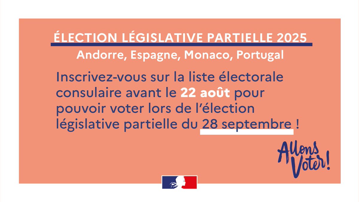 france_espagne's tweet photo. 🗳️ Le 28.09 aura lieu le premier tour de l’élection législative partielle pour la 5e circonscription (🇦🇩🇪🇸🇵🇹🇲🇨). 

Vérifiez si vous êtes bien inscrit(e) sur la liste électorale consulaire avant le 22 août ➡️ https://t.co/mCRRMqWtT1

Pour plus d’infos ➡️ 
https://t.co/b7ab3pxsgj https://t.co/t76sBlGWAM