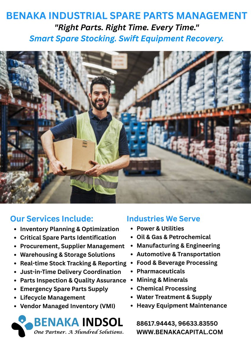 DCChetan000's tweet image. #BenakaIndsol #SparePartsManagement #IndustrialSupply  #InventoryControl #AssetManagement #EquipmentSupport  
#OperationalEfficiency #IndustrialServices #PartsLogistics  #BenakaEngineering #IndsolSolutions #SparePartsCare
