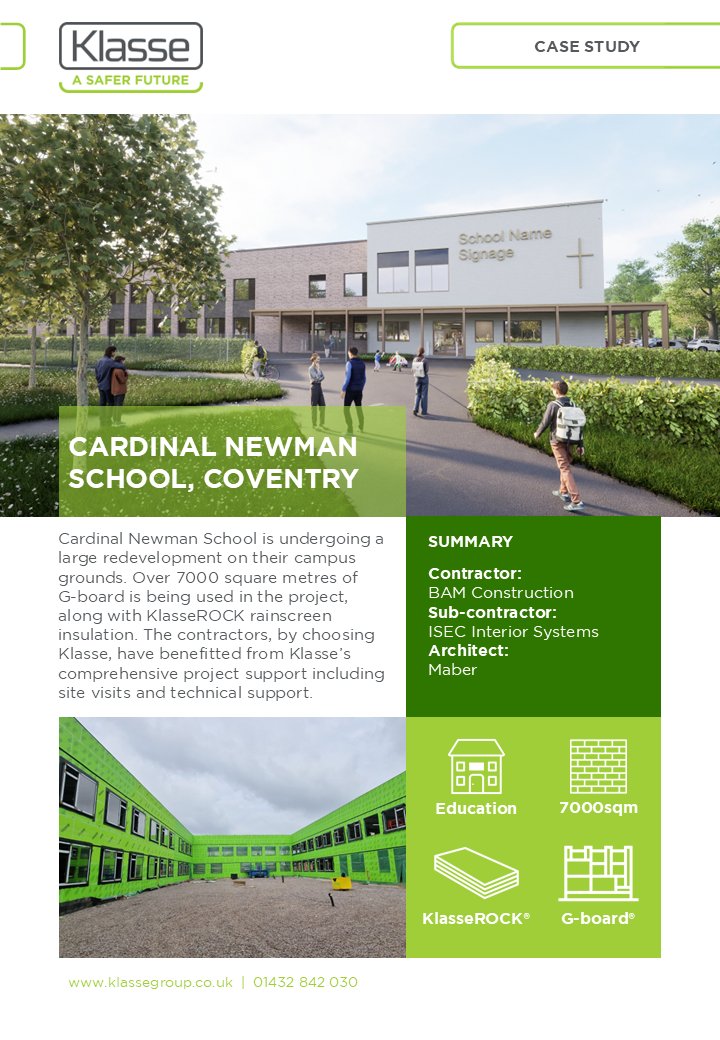 Our latest case study is now live 📷

Klasse G-board and KlasseROCK have both specified for this brand new school redevelopment project in Coventry. Read more below or visit our website - lnkd.in/ehYnBHax

#construction #sheathingboards #rainscreeninsulation #Klasse