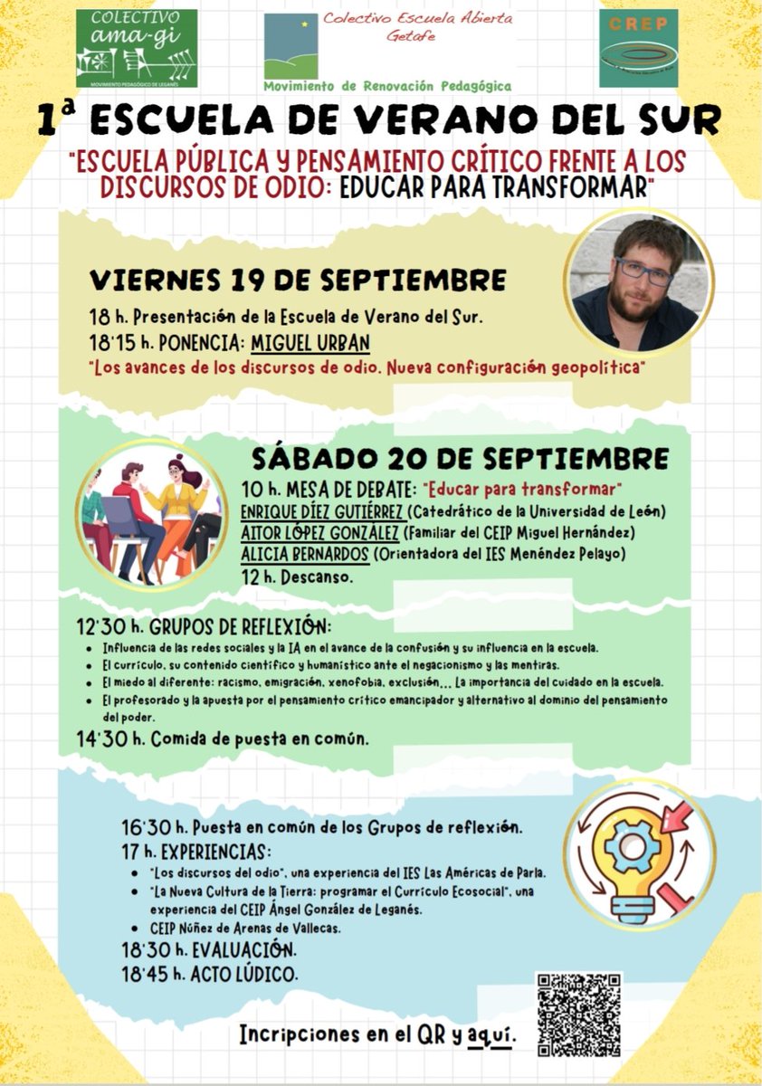 "Escuela pública y pensamiento crítico frente a los discursos de odio: educar para transformar".
#Septiembre #EscueladeVerano 
<a href="/AmagiColectivo/">Colectivo_Amagi</a> 
<a href="/creparla2017/">Colectivo de Renovacion Educativa de Parla</a> 
<a href="/MiguelUrban/">Miguel Urbán Crespo</a> 
<a href="/EnriqueJDiez/">EnriqueDíezGutiérrez  🔻</a>