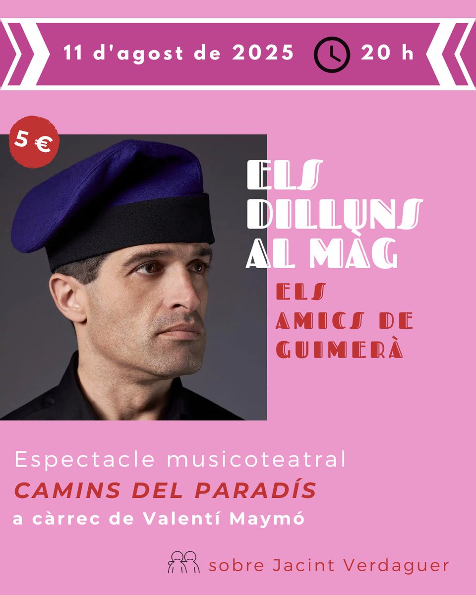 🎶 Camins del Paradís
🎙️ Amb Valentí Maymó
📅 Dilluns 11 d’agost
🕗 20 h
📍 Museu Àngel Guimerà
🎟️ Preu: 5 €
🔗 Entrades a: museusdelvendrell.koobin.com

Més info al fil 🧵👇

#EstimemLaCultura #CaminsDelParadis #ÀngelGuimerà #elV #MuseuÀngelGuimerà #ElsDillunsAlMÀG