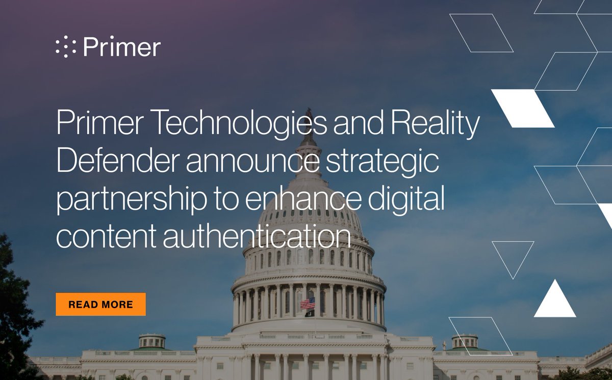 Primer (@primer_ai) on Twitter photo ๐จ New partnership alert: Primer + <a href="/DetectDeepfakes/">Reality Defender</a>
Weโre joining forces to help orgs detect synthetic media and analyze digital content at scale.
OSINT + deepfake detection = trusted intelligence in real time.
๐primer.ai/news/primer-teโฆ
#OSINT #AI #Deepfakes #NatSec #PrimerAI ๐จ New partnership alert: Primer + <a href="/DetectDeepfakes/">Reality Defender</a>
Weโre joining forces to help orgs detect synthetic media and analyze digital content at scale.
OSINT + deepfake detection = trusted intelligence in real time.
๐primer.ai/news/primer-teโฆ
#OSINT #AI #Deepfakes #NatSec #PrimerAI