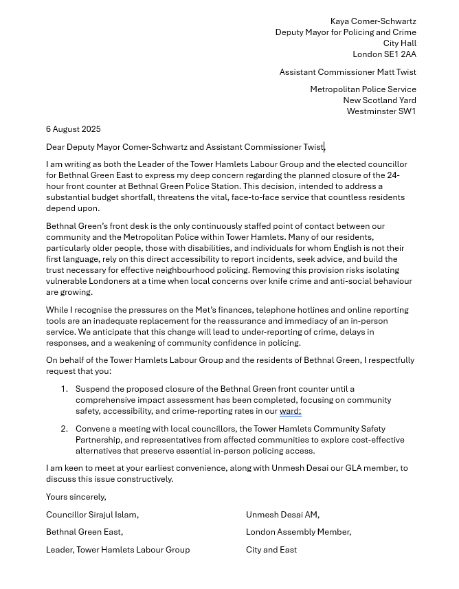 Tower Hamlets Labour Group (@th_labour) on Twitter photo Bethnal Green’s 24-hour front desk is a lifeline for residents. Today <a href="/CllrSirajIslam/">Cllr. Sirajul Islam</a> and <a href="/unmeshdesai/">Unmesh Desai AM</a> have written to DM Comer-Schwartz and AC Twist, calling on them suspend its closure and carry out a full impact assessment. #ProtectOurDesk #TowerHamlets Bethnal Green’s 24-hour front desk is a lifeline for residents. Today <a href="/CllrSirajIslam/">Cllr. Sirajul Islam</a> and <a href="/unmeshdesai/">Unmesh Desai AM</a> have written to DM Comer-Schwartz and AC Twist, calling on them suspend its closure and carry out a full impact assessment. #ProtectOurDesk #TowerHamlets