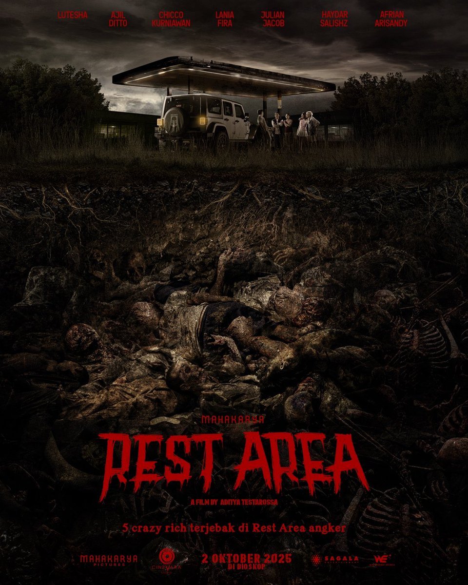 Rotten bodies piled up in the official poster for Aditya Testarossa’s ‘REST AREA’ starring Lutesha, Ajil Ditto, Chicco Kurniawan, Lania Fira, and Julian Jacob.

In theaters on October 2, 2025.