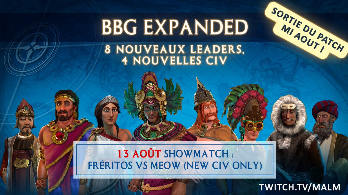 Une nouvelle étape pour la scène Civilization 6 débute avec 8 nouveaux leaders !
Ca arrive dans quelques jours ... 👀

RDV le 13 Aout pour le Showmatch ! 🔥