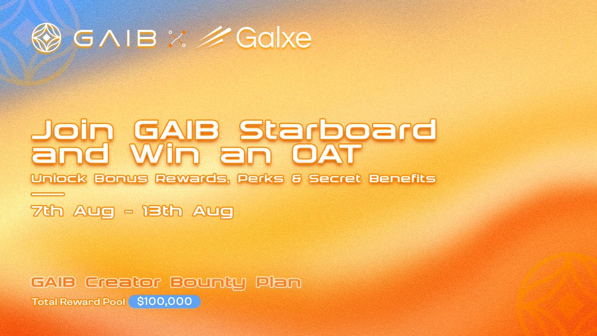 GAIB 🟠 | AiFi (@gaib_ai) on Twitter photo The $100K Reward GAIB Creator Bounty is live and we’re kicking things off with something special…🔥
Powered by <a href="/GalxeQuest/">Galxe Quest</a>, we’ve launched a 1-week exclusive quest for the earliest GAIB storytellers✨
🎯Complete a few simple tasks
🏅Earn a limited-edition OAT
🎁Unlock future The $100K Reward GAIB Creator Bounty is live and we’re kicking things off with something special…🔥
Powered by <a href="/GalxeQuest/">Galxe Quest</a>, we’ve launched a 1-week exclusive quest for the earliest GAIB storytellers✨
🎯Complete a few simple tasks
🏅Earn a limited-edition OAT
🎁Unlock future