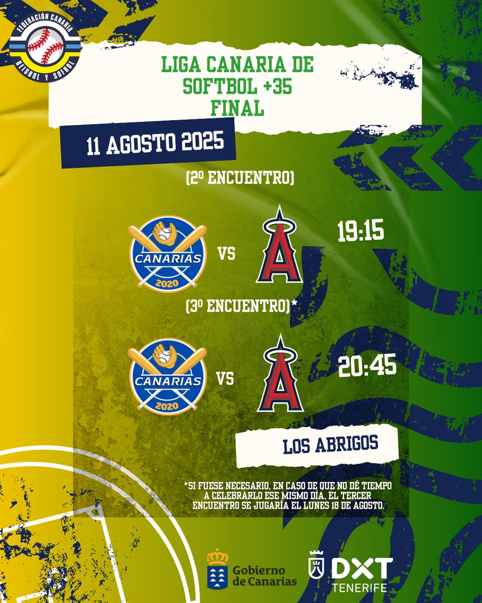 🥎📅 Final Liga Canaria de Sófbol +35 en Los Abrigos
Este lunes 11/08, Canarias vs Angels a las 19:15h.
Si gana Canarias, será campeón. Si no, habrá tercer partido a las 20:45h.
⚠️ Si no diera tiempo a celebrarlo, se jugaría el lunes 18/08.

<a href="/DXTenerife/">Deportes Tenerife</a> 
<a href="/Deportecanario/">Deporte canario</a>