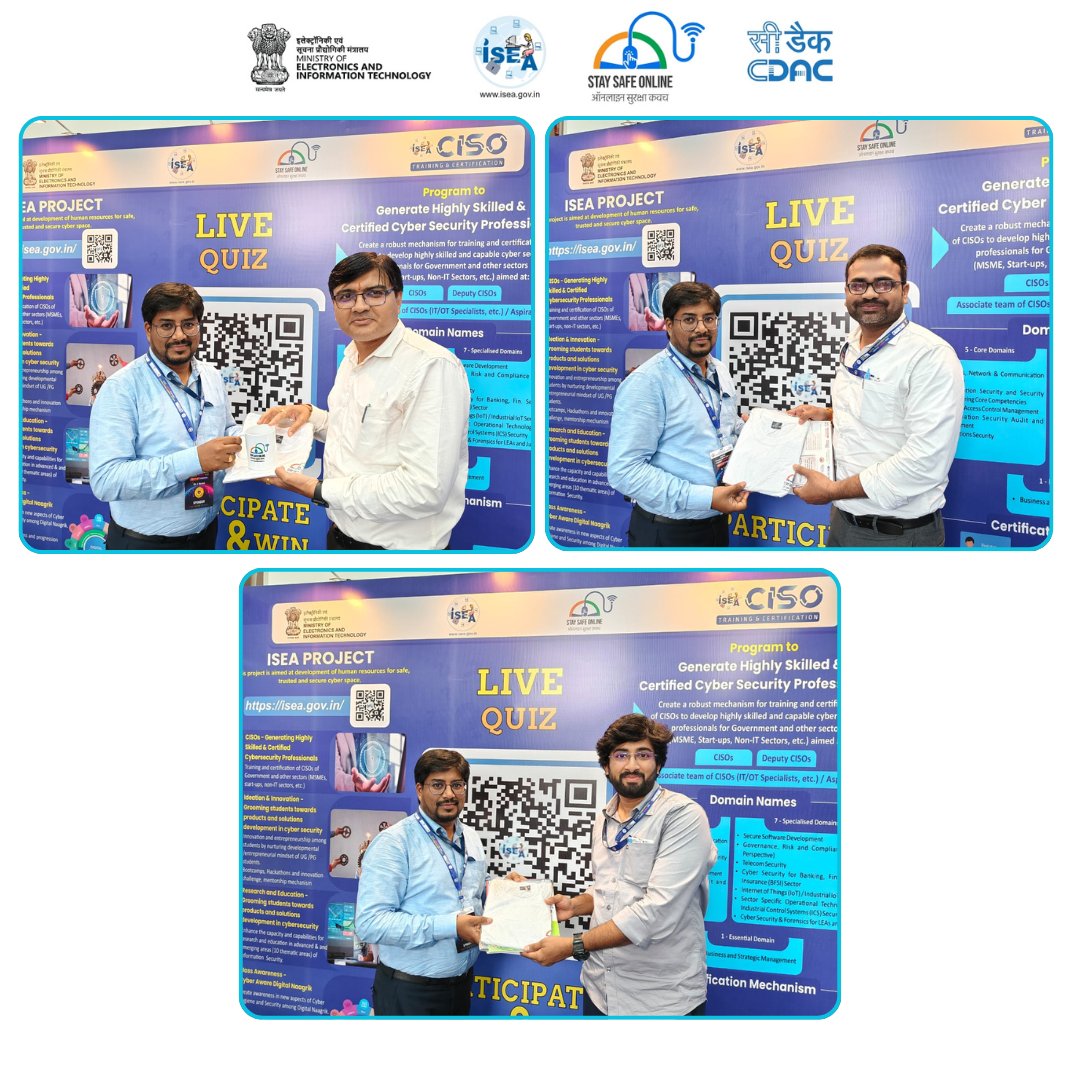 SSOIndia's tweet image. 🎉 Cyber champs crowned at Dx Finance Summit 2025!
ISEA Live Quiz winners received exciting prizes! 🏆

#ISEAIndia #DxFinanceSummit #CyberQuiz #CyberChampions #DigitalSafety #CyberAwareness #InfoSecIndia #StaySafeOnline #QuizWinners #CyberSecurity