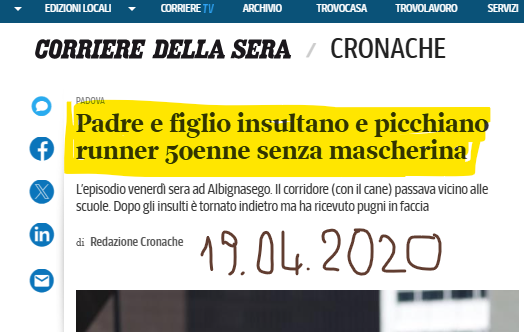 Erinni15's tweet photo. . Padre e figlio insultano e picchiano runner senza #mascherina https://t.co/mWnuskTHaL