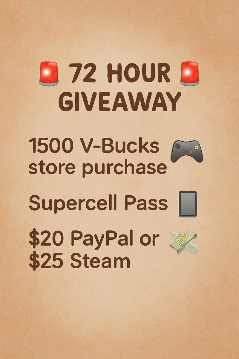 Little suprise for y’all ❤️
🚨 72 HOUR GIVEAWAY 🚨
1500 V-Bucks store purchase 🎮
Supercell Pass 📱
$20 PayPal or $25 Steam 💸
Running it ‘cause I miss y’all fr ❤️

Like, RT &amp; tag some goats to enter 🐐