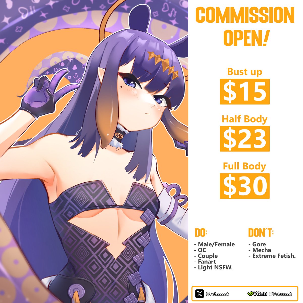 Helloooo:3
I open for commissions (2/3 slots), feel free to contact me if you are interested!✨
I’m also available on Vgen! 
vgen.co/Febssssst       
 
(Repost please) 
Thank you so much!✨✨
#commissionsopen #Commission #ArtistsOnTwitter #commissionart #inART