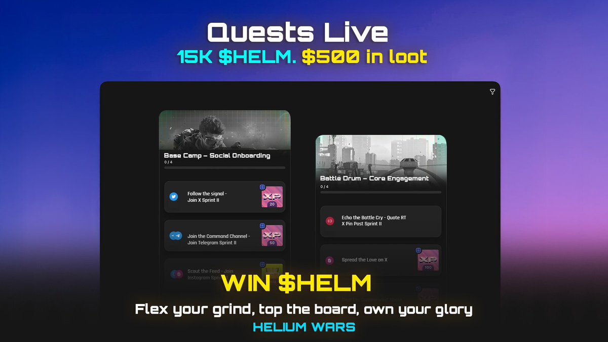 ⚠️ Don’t sleep on this, squad.⚠️

Zealy quests are LIVE — and the 15K $HELM + $500 loot pool isn’t waiting forever. 💸
Grind it. Flex it. Own the leaderboard.

This is your moment.
🔗: zealy.io/cw/heliumwarga…