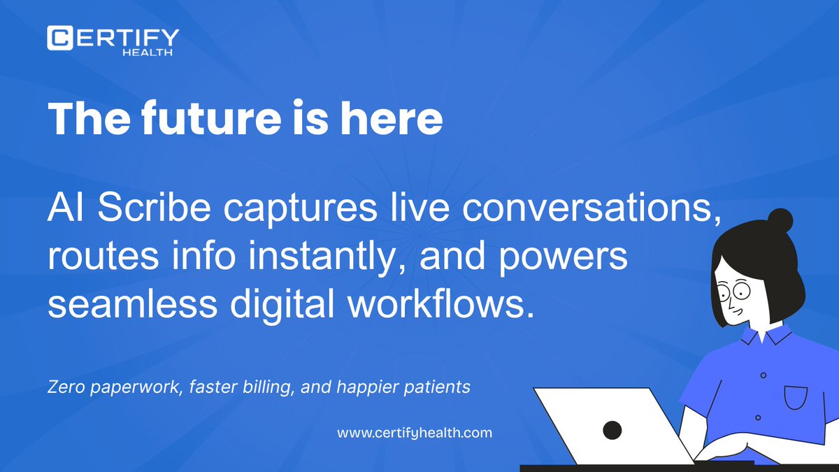 CertifyHealth's tweet image. Revolutionize patient intake with automation and advanced AI Scribe technology that captures live conversations, routes information instantly, and powers seamless digital workflows.
The future is here.
#AIDocumentation #HealthcareInnovation #DentalCare #AI #HealthcareAccess