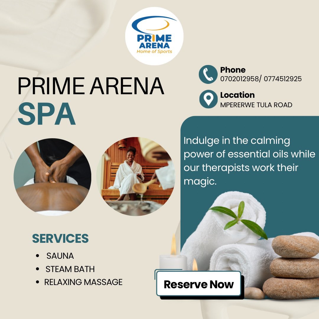 Discover the perfect balance of mind and body with our soothing massages, detoxifying steam baths, and reinvigorating sauna sessions.

Call to book: 0774512925 / 0702012958

#PrimeArenaSpa #RelaxRechargeRenew #SelfCareUg #SpaDayVibes
