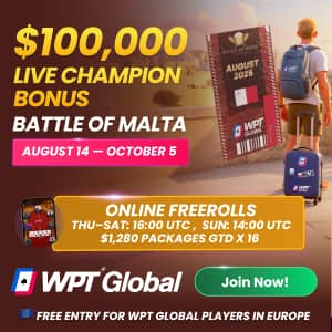 raketherake's tweet image. Play for FREE. Win €1.5M. Get a $100K bonus.   

WPT® Global’s Battle of Malta qualifiers run every Sunday.   2 x $1,280 packages GTD + $100K Champion Bonus if you win the Main Event!   🎯 Qualify now   #WPTGlobal #BattleOfMalta #PokerPromo