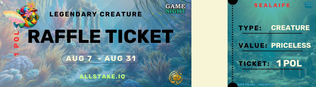 This is your next (maybe last) chance to get your hands on a Legendary SeaLaife Creature #NFT!

Ticket = 1 $POL
Floor Price = 3,333 POL (it seems)👀

Perks: 
🟢Game Night !fish bonuses
🟢Martha is out Godmother NFT
🟢Extremely unique
🟢Staking 3X base rewards

Get your ticket(s):
