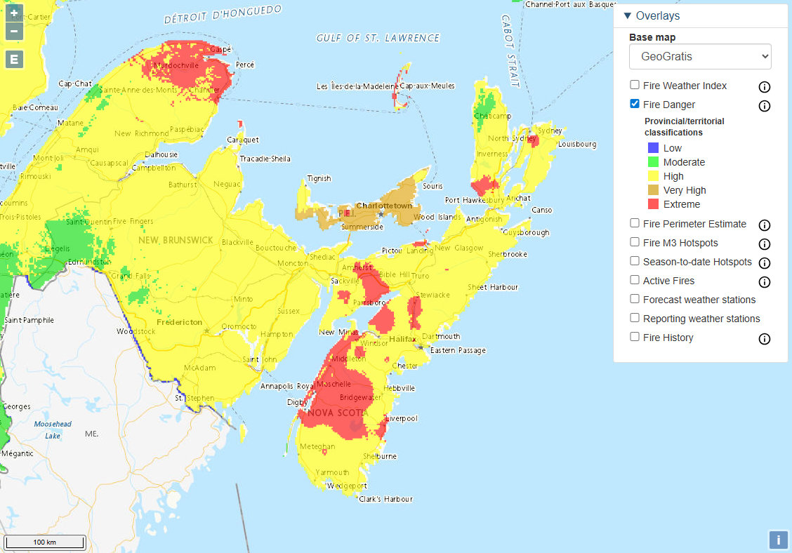 Please stay out of the woods anywhere in Nova Scotia. This map is from natural-resources.canada.ca/forest-forestr… and shows a lot more information on the level of danger. At this point it doesn't look like we'll have any rain for another week, so conditions are expected to get worse.