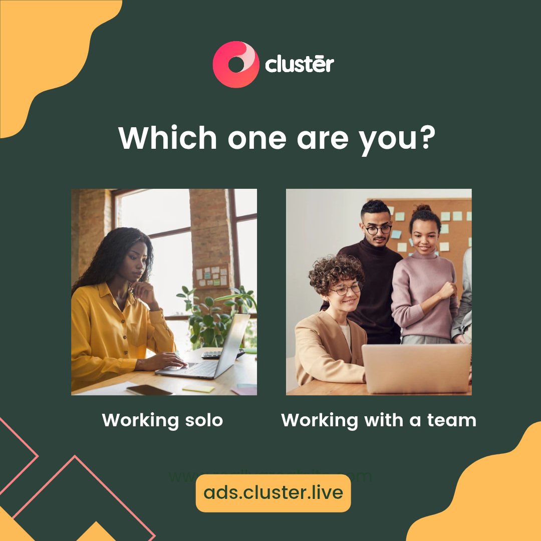 clusterliveapp's tweet image. Do you work best in your own space, or do you come alive when you’re part of a team?
Some of us need silence to think, others need voices to spark ideas.
So really... which one are you?
#WhichOneAreYou #WorkStyle #clusterlive  #SoloOrTeam #CreativeFlow #Clusterlive #SelfAwareness
