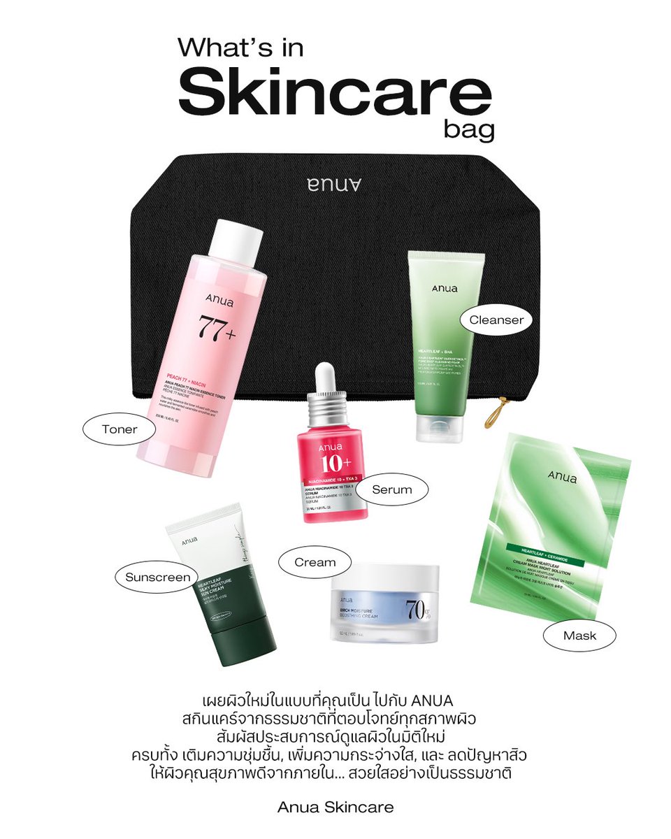 What’s in Skincare bag ? 🌤️
มาดูกันว่าในกระเป๋านี้มีสกินแคร์อะไรบ้าง ? 
และกระเป๋าของทุกคนใช้ Anua อะไรกันบ้าง 
มาอวดกันเถอะ ✨

#Anua #Anuathailand