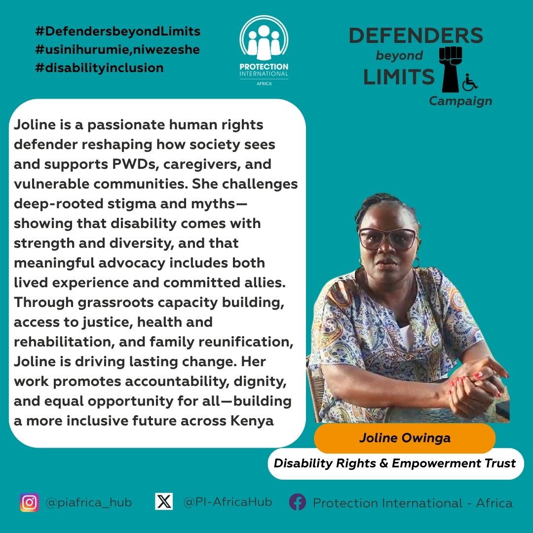 Meet Joline — a bold voice for disability rights, caregivers &amp; vulnerable groups in Kenya.
She builds stronger communities through justice, wellness &amp; empowerment, while showing that advocacy thrives on inclusion, commitment &amp; belief in dignity for all.
#DefendersBeyondLimits