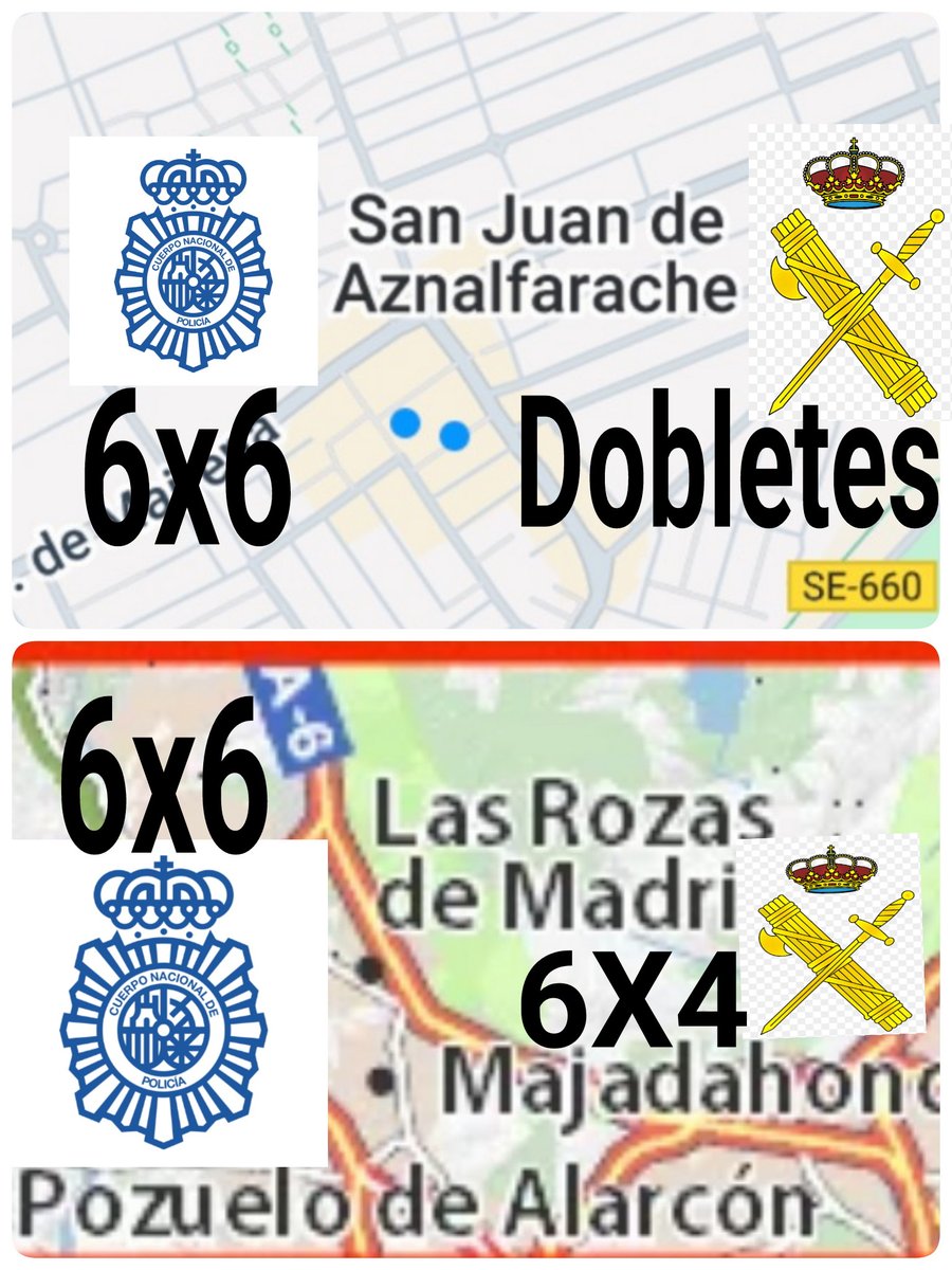 Cómo le explicas a alguien que si eres <a href="/policia/">Policía Nacional</a> en San Juan de Aznalfarache tienes 6x6 y si eres <a href="/guardiacivil/">Guardia Civil</a> te revientan a dobletes.
Cómo le explicas a alguien, que si estás en Pozuelo por ir de azul tienes 6x6 ,y si estás de verde en Majadahonda o Las Rozas tienes 6x4...🤔