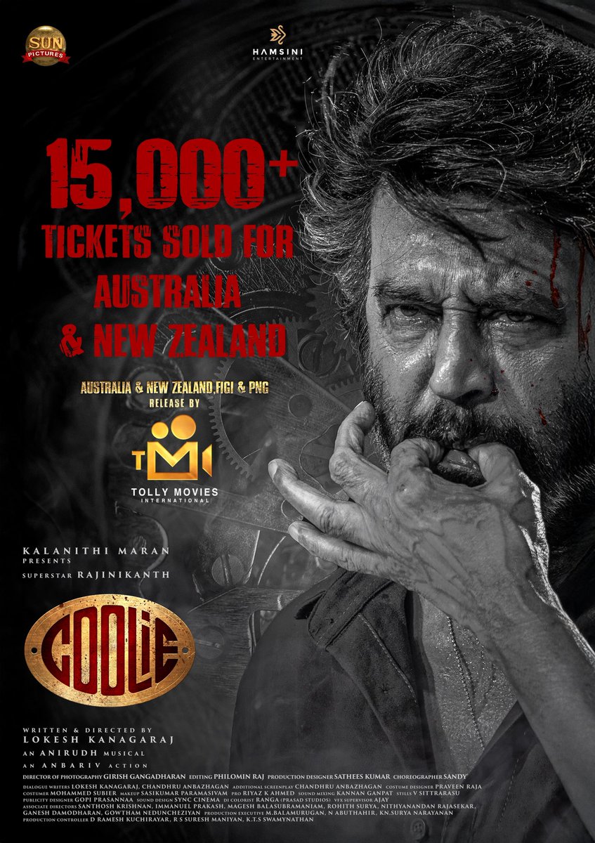 TMManiac's tweet photo. #Coolir Australia &amp; NZ 15K Tickets Sold heading towards $300+K Grosser Day1 .

Humongous Blockbuster opening weekend guaranteed 💥💥 
@tolly_movies release 
@Hamsinient 
@sunpictures https://t.co/tnotnIS1RI