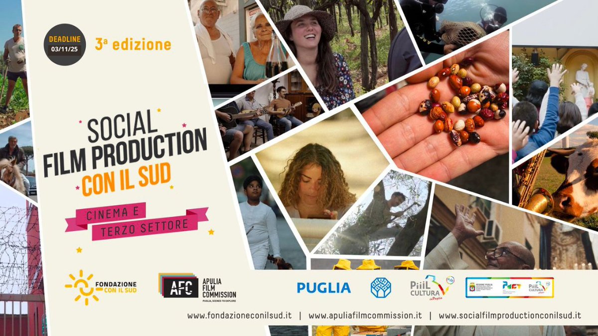 Fondazione CON IL SUD (@conilsud) on Twitter photo Al via il Social Film Production #ConIlSud. Il bando promosso da Fondazione Con il Sud e <a href="/ApuliaFilmComm/">ApuliaFilmCommission</a> rivolto a cinema e #terzosettore per raccontare il Sud Italia a partire attraverso le sue tematiche sociali.
👉Info: fondazioneconilsud.it/news/al-via-la… Al via il Social Film Production #ConIlSud. Il bando promosso da Fondazione Con il Sud e <a href="/ApuliaFilmComm/">ApuliaFilmCommission</a> rivolto a cinema e #terzosettore per raccontare il Sud Italia a partire attraverso le sue tematiche sociali.
👉Info: fondazioneconilsud.it/news/al-via-la…