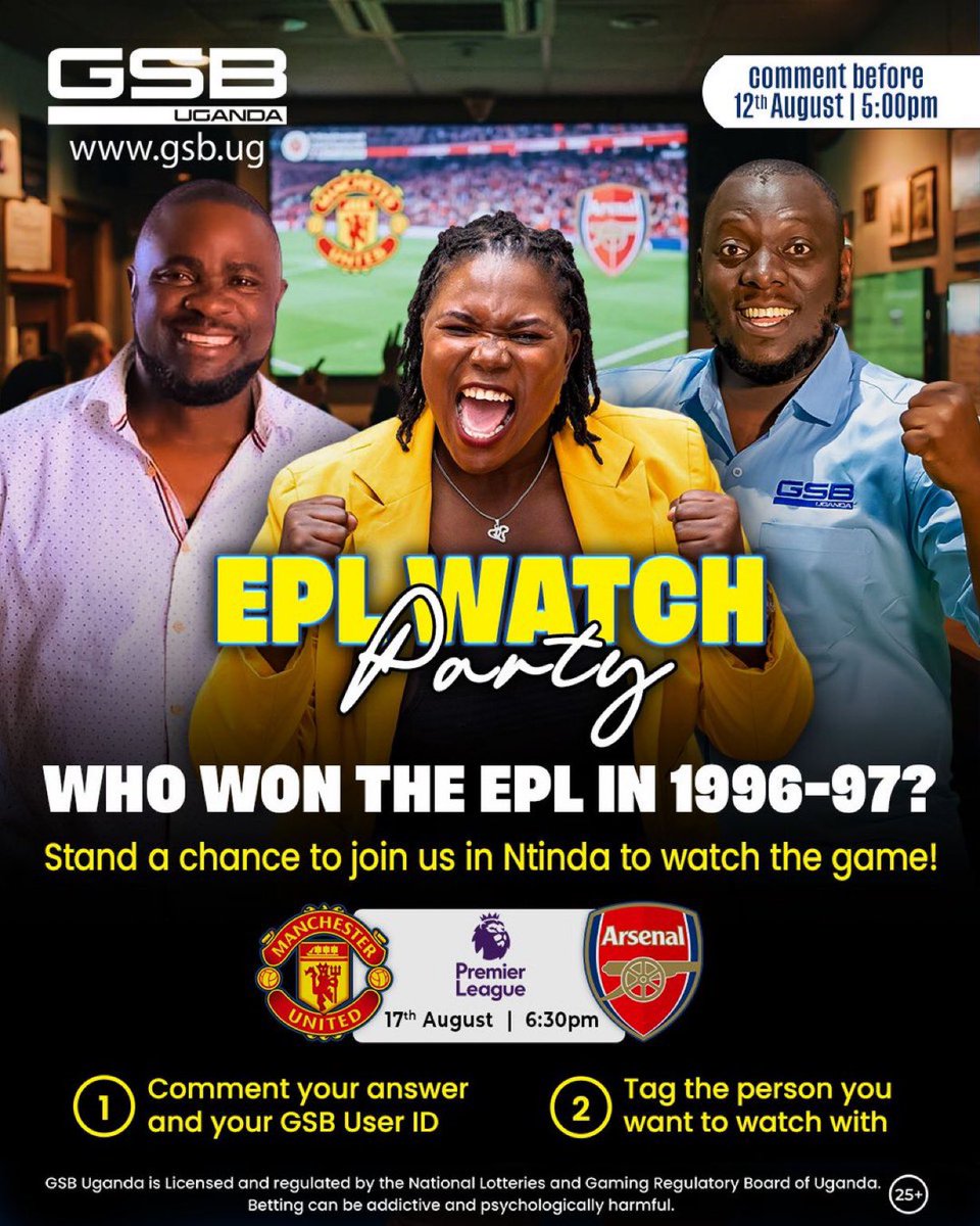 ππ©π¨π₯π¨πππ¨π§π§π’π (@opolot_ronnie) on Twitter photo A quick one
WHO WON THE 1996/1997 PREMIER LEAGUE?
Visit <a href="/GSB_Uganda/">GSB Uganda</a>, answer the question and stand a chance to join us for the EPL WATCH PARTY in Ntinda as MAN UNITED takes on ARSENAL.
Courtesy: <a href="/GSB_Uganda/">GSB Uganda</a> A quick one
WHO WON THE 1996/1997 PREMIER LEAGUE?
Visit <a href="/GSB_Uganda/">GSB Uganda</a>, answer the question and stand a chance to join us for the EPL WATCH PARTY in Ntinda as MAN UNITED takes on ARSENAL.
Courtesy: <a href="/GSB_Uganda/">GSB Uganda</a>